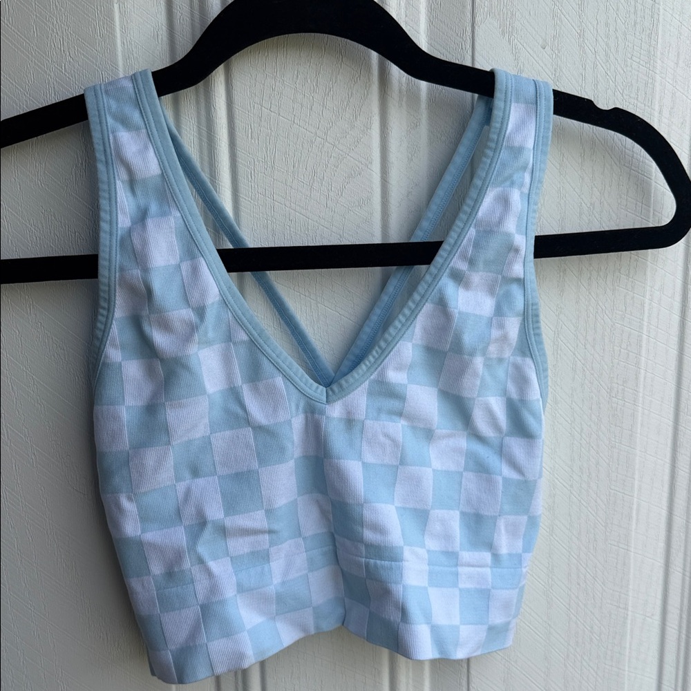 Colsie Blue White Checkered Sports Bra Bralette Gingham V Neck Size M